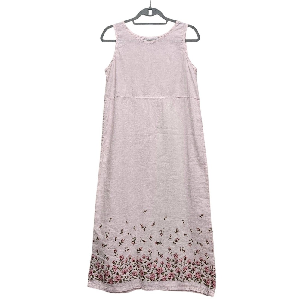 Vintage Hot Cotton Petite Maxi Dress S‎ Pink Linen Floral Cottagecore Lagenlook